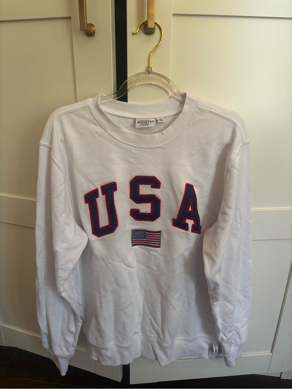 White 'USA' Crewneck Sweatshirt with Flag Patch Size Medium